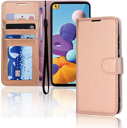 TECHGEAR Galaxy A21s Leather Wallet Case, Flip Protective Case Cover with Wallet Card Holder, Stand and Wrist Strap - Rose Gold PU Leather with Magnetic Closure Designed For Samsung Galaxy A21s