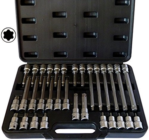 PeTools, 32tlg. Innen-Torx (+15% Härtegrad, da S2-Stahl) Steckschlüssel-Satz, T20-T70 Bit-Einsatz Nuss-Werkzeug