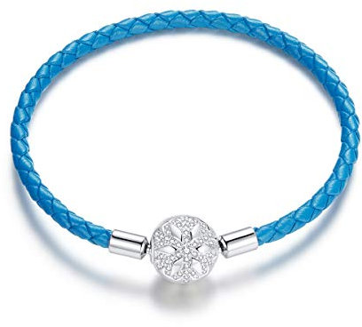 Women's Charm Bracelet 17-19 cm 925 Sterling Silver Blue Leather Love Lock Snowflake Charm Christmas for Mum Wife (Snowflake 17cm Bracelet)