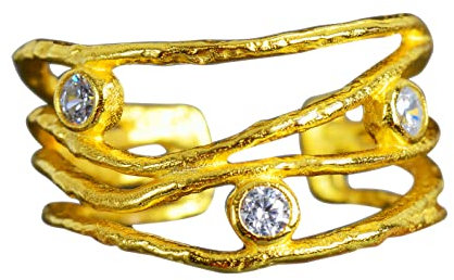 NicoWerk Damen Silberring Zirkonia aus 925 Sterling Silber Golden Breit mit Stein Mehrreihig Rustikal Durchbrochen Verstellbar Offen SRI790