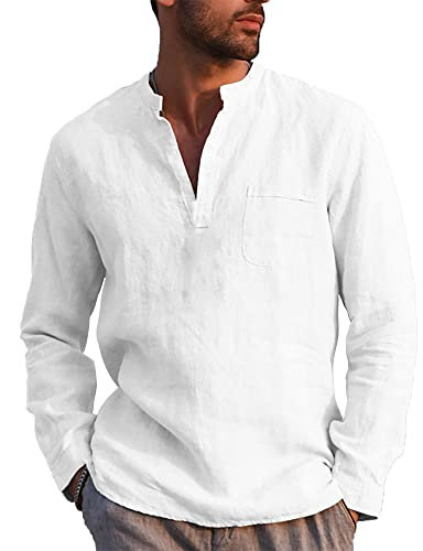 NANAMEEI Men's Casual Linen Shirt Collarless Henley Shirt Long Sleeve Men Shirt White M