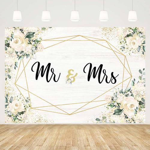 MEHOFOND 2,4 x 1,8 m weißer Blumen-Hintergrund für Mr & Mrs, Verlobungsparty-Dekorationen, Paare, Hochzeit, Fotografie, Hintergrund, Jahrestag, Zeremonie, Brautparty, Banner, Foto-Requisiten