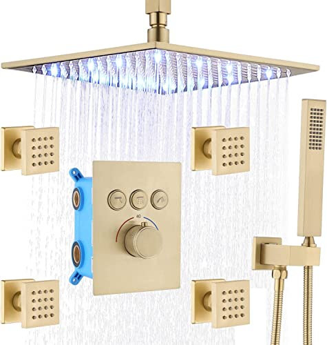 Delnet Shower System with Body Jets Brushed Gold 12 Inch Ceiling Mounted LED Rain Shower System Concealed Thermostatic Shower Mixer Set Can Run Simultaneously