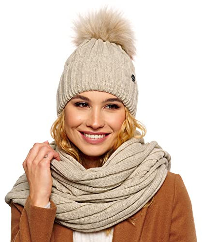 ELIMELI® Kaschmir Mütze Schal Damen Winter Kombi Set - warme Strickmütze mit Kunstfell Bommel - 2-teilig, Winterset Wintermütze passender Schal Wollmütze Beanie Slouch Strick Made in EU (Beige)