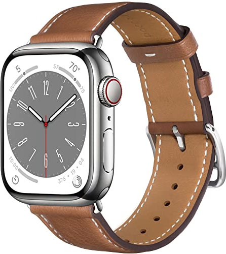 Docco Jette Correa de cuero compatible con Apple Watch Band de 41 mm, 40 mm, 38 mm(marrón-plata)