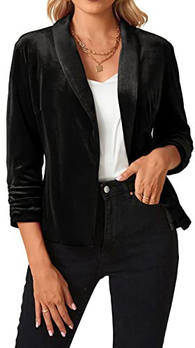 MINTLIMIT Womens Long Sleeve Velvet Blazer Open Front Jacket Suit Plain Work Office Tops（Black Medium）
