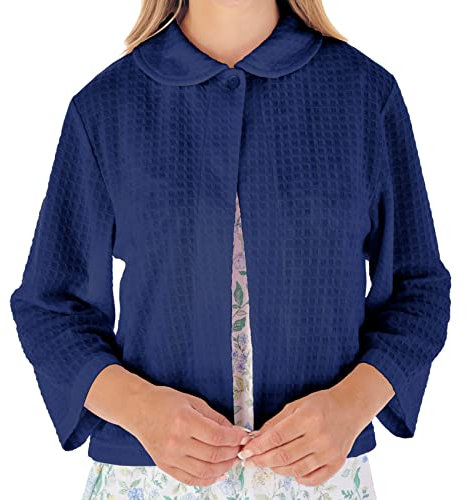 Slenderella Veste de lit en tricot gaufré avec fermeture à boutons et manches 3/4 pour femme, bleu marine, M