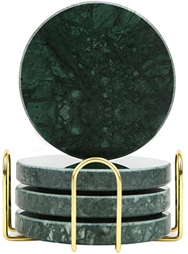 TransMarble Untersetzer für Getränke mit Metallhalter aus ausgewähltem Naturmarmor als luxuriöse Wohnkultur-Geschenke (Set mit 4 Stück) (Rund, Smaragdgrün)
