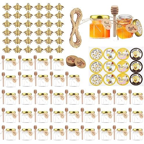 Dhnvcud 36 Pièces Mini Pots à Miel, 4.6 X 5.2 CM Hexagonaux Pot de Miel avec Cuillere en Bois, Couvercles Dorés, Pendentifs Abeille, 20 CM Jute, 3 Pièces Autocollantes