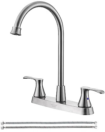 KirlystonE Grifo de 2 asas para fregadero de cocina de 3 agujeros, de acero inoxidable, níquel cepillado, llave de fregadero de cocina para caravana, caravana y fregadero utilitario