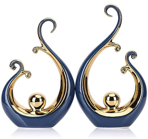 Estatua de cerámica azul brillante y dorada, centro de mesa de lujo de arte abstracto moderno, estantes de oro azul y decoración de mesa de comedor, mesa de café versátil, soporte de TV, decoración