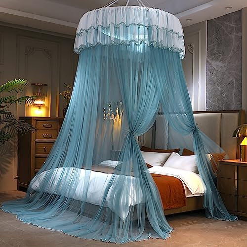 Reheyre Betthimmel, Prinzessin Bettvorhang Netz, Spitze Runde Kuppel Mesh Bettvorhänge mit Haken, Prinzessin Betthimmel Betthimmel Vorhänge Baldachin Bettvorhänge für Twin Full Queen King Size Blau &