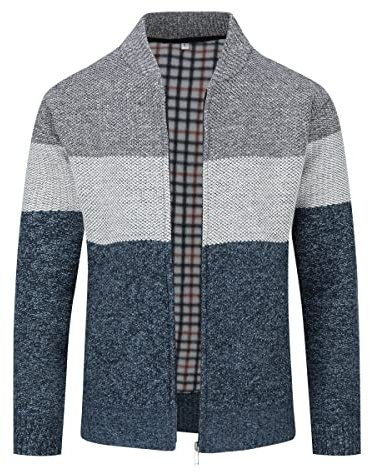 Sliktaa Mens Casual Cardigan Knit Thick Sweater Zip Stand Collar Long Sleeve Fleece Lined Winter Coat Blue 4XL