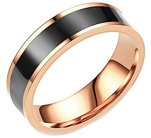 Gualiy Edelstahl Ring für Männer, Roségold Ring Damen 6MM mit Schwarz Emaille Ring Größe 62 (19.7)