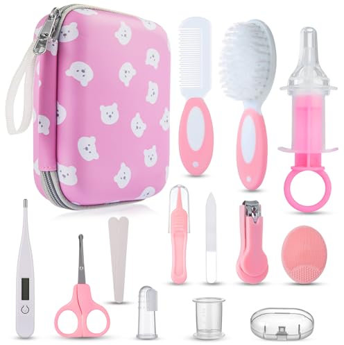 Lictin Set per la Cura del Bambino - 15 Pezzi Beauty BabyCare con cucchiaio per le orecchie con spazzola e pettine a LED, tagliaunghie e spazzolino da denti per i viaggi e l'uso quotidiano (Rosa)