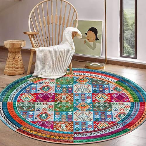 Rug-QJDDUP Rund Teppich Kurzflor,Multicoloured,Round Diameter 100 cm, Buntes Rot-Orange-Gelb-Blau-Grün-Patchwork, Wohnzimmer Schlafzimmer Läufer Flur Küche, Waschbar, rutschfest,