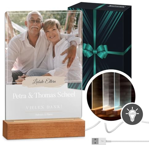 Maverton beleuchteter LED-Fotoaufsteller, Glasbild mit LED-Beleuchtung | Personalisiertes LED-Acrylglas mit eigenem Foto für Paare, Glasbild zur Hochzeit zum Valentinstag, Größe: 15x24x4,5cm