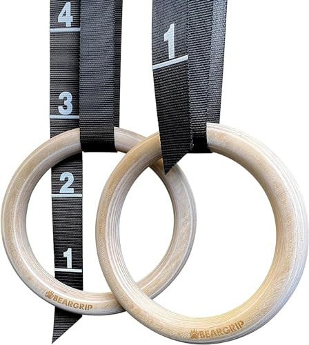 BEAR GRIP Wooden Gymnastic Rings with Adjustable Numbered Straps – Olympic Gym Rings for Gymnastics, Calisthenics, CrossFit & Full Body Strength Training at Home or Gym (28mm Black)