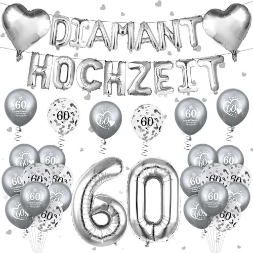 Diamantene Hochzeit Deko 60. Diamant Hochzeit Luftballons Hochzeitstag Dekoration Silber 60. Jahrestag Luftballons Deko 24 Stück 60. Silberweiße Silber Latex Konfetti Ballons für Außen Jubiläum Party
