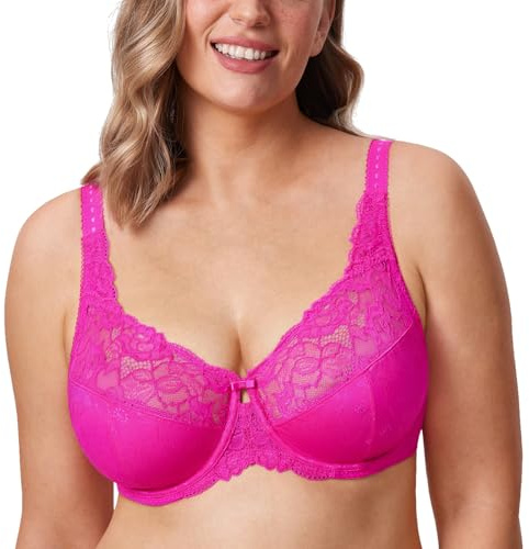 DELIMIRA Femme Soutien Gorge Grande Taille Minimiseur avec Armature Dentelle Non Rembourré Rose Pailleté 110G
