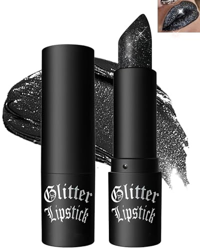 Glitter Matte Lipstick, Gothic Black Long Lasting Waterproof Lip Gloss-06 | Metallic Shimmer Velvet Lip Stick, Diamond Sparkling High Pigment Smudge proof Lip Stain for Stage, Cosplay, Halloween Makeup