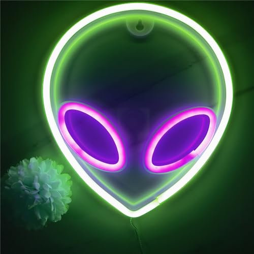 Neon Alien Kopf Schild, 1 Stück Grünes und Violettes Alien Neonlicht USB oder 3 AA Batteriebetrieben, Cooles Lustiges Anime Leuchtreklame für Kinderzimmer, Spielzimmer Wanddekoration