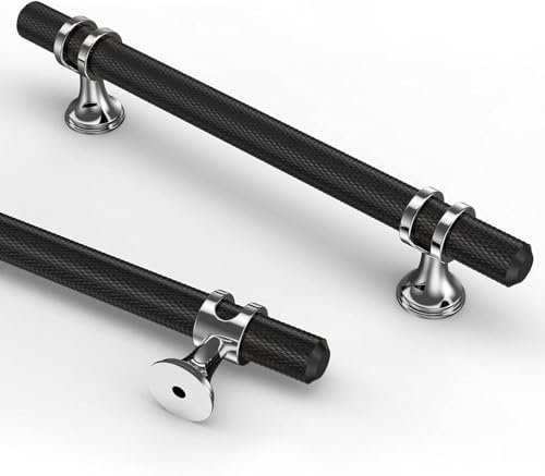 Coinkoly 10 Pack Matte Black and Polished Chrome Cabinet Pulls 160MM Hole Centers Kitchen Cabinet Handles Knurled Drawer Pulls Kitchen Cupboard Handles UK0002