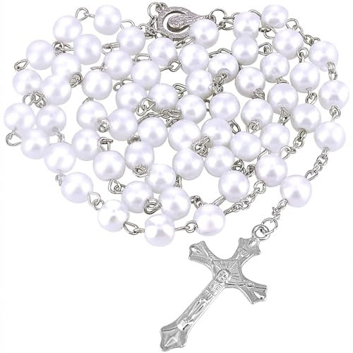 Kuesn 8mm Pearl Rosary Beads Catholic Necklace Glass with Crucifix Charms Long Rosary Beads Prayer Catholic for Women Gifts (White)