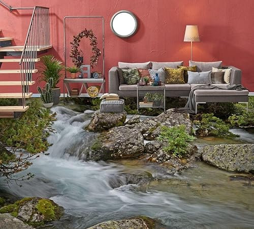 Autocollant De Sol Étanche Rivière de pierre 3D, 200 * 140cm Sol Papier Peint Peintures Murales Auto-Adhésif Amovible Cuisine Bain Sol Étanche Tapis Tapis Impression Époxy