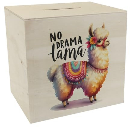 Alpaka mit bunter Satteldecke Spardose aus Holz mit Spruch No Drama Lama witzige und farbenfrohe Spardose aus Holz mit bunter Satteldecke und Alpaca
