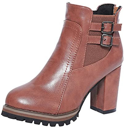 XTBFOOJ Damen Winterschuhe Damen Stiefeletten Cowboy Boots Mit Trichterabsatz Schnallen Nieten Damen Stiefel Schwarz Leder Langschaft Stiefel Damen Damen Stiefeletten Beige Plateau