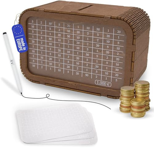 EV® Spardose Holz – Wiederverwendbare Sparbox mit Zahlen ankreuzen | Das Perfekte Set für Deine Sparziele, aus Nachhaltigem Italienischem Holz – inkl. Stift & Klebefolien