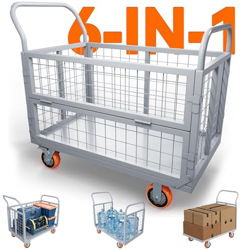 YITAMOTOR 2000lbs Platform Truck Cart with Cage, 6-in-1 Foldable Heavy Duty Hand Truck Flatbed Cart with 6 Swivel Casters, Multi-Functional Push Dolly for Grocery, Laundry, Warehouse, Storage