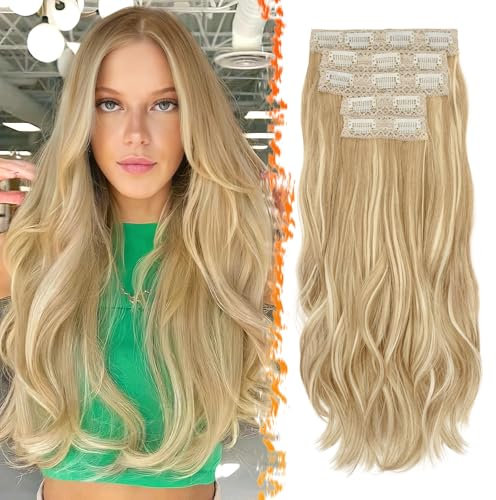 BARSDAR Clip in Extensions, 50cm Wellige Clip in Haarverlängerungen Blond für Frauen 5PCs Natürliches Hair Extensions Synthetisches Haarteil Haarextension - Hell Aschblond Gemischt