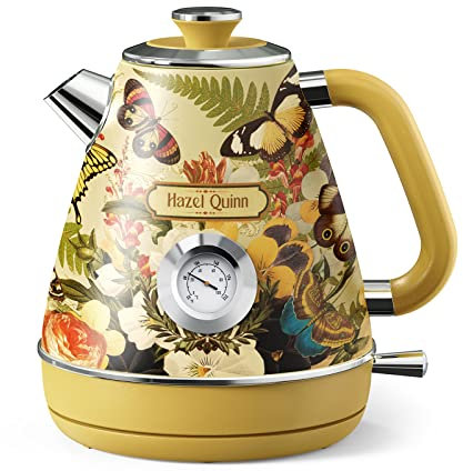 Hazel Quinn Retro Electric Kettle - 1.7L, 2200W Fast Boiling, All Stainless Steel Interior, Cordless, BPA-Free, Auto Shut-Off, Fast Boiling for Tea & Coffee - Floral Design by Artist Eduardo Recife