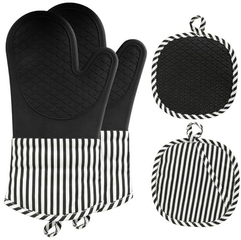 AiQInu Ofenhandschuhe Topflappen Set, Ofenhandschuhe Silikon Bis 230°C, Zwei Handschuhe und Zwei Topflappen, Topfhandschuhe Hitzebeständig für Kochen Backen