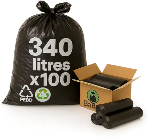 Babag Sac pour Conteneur 340L - Noir, 100 Sacs, Anti-Saletés, Anti-Fuite, Anti-Odeur