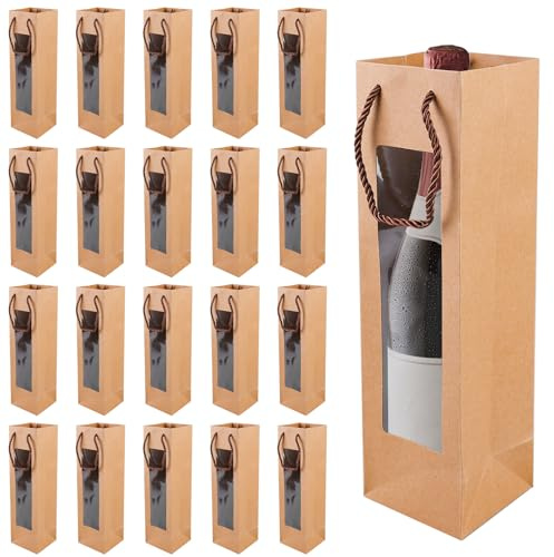 Lot de 20 sacs pour bouteilles de vin en papier kraft - Sacs cadeaux avec fenêtre - Sacs cadeaux avec poignée - Pour champagne, Noël, mariage, anniversaire