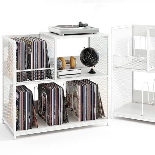 KOMFOTTEU Support de Disque Vinyle pour 300 Albums, Meuble Platine 3 Niveaux avec 3 Séparateurs Amovibles, Meuble Tourne-Disque, Pieds réglables, Style Vintage, 83 x 36 x 76,5 cm (Blanc)