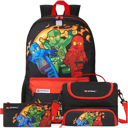 Get Trend Lego Ninjago Rucksack Kinder 3er Set, Großer Kinderrucksack 46cm mit Federmäppchen und Isolierte Lunchtasche, Schulrucksack Set für Schule Freizeit (Rot/Schwarz Ninjago)