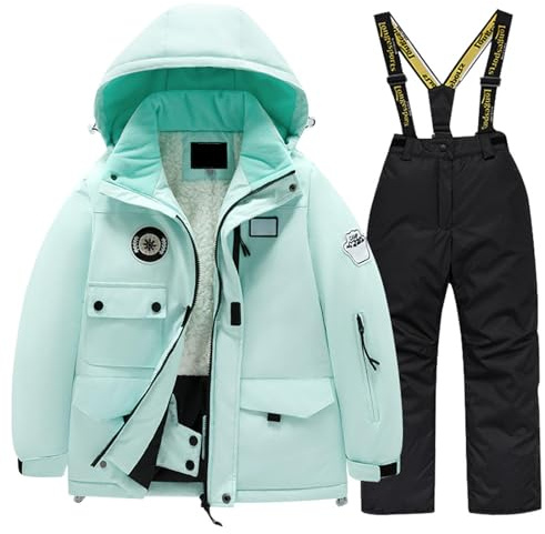 Generisch Combinaison de ski en polaire pour enfant - Veste et pantalon - Équipement d'hiver pour filles - Sports de neige, gris foncé, 14-16 ans