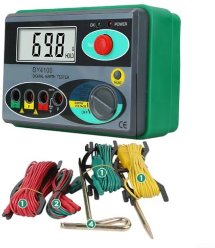 Medidor digital de resistencia a tierra, 220 x 270 x 100 mm, modelo DY4100, medición de engranajes de 3 posiciones, pantalla HD, lecturas rápidas para electricistas y uso industrial (A)