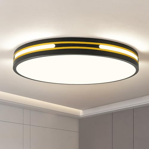 WOKNOS 40cm LED Schwarz Gold Rund Flach Deckenlampe