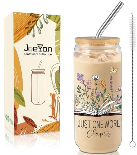 Joeyan 600ml Eiskaffee Gläser mit Blumen,Trinkglas mit Deckel und Strohhalm | Schönes Becher fur Smoothie,Matcha Latte,Bubble Tea,Cocktail,Geschenk für Buchliebhaber Frauen Teenager Booklover &Leseratten