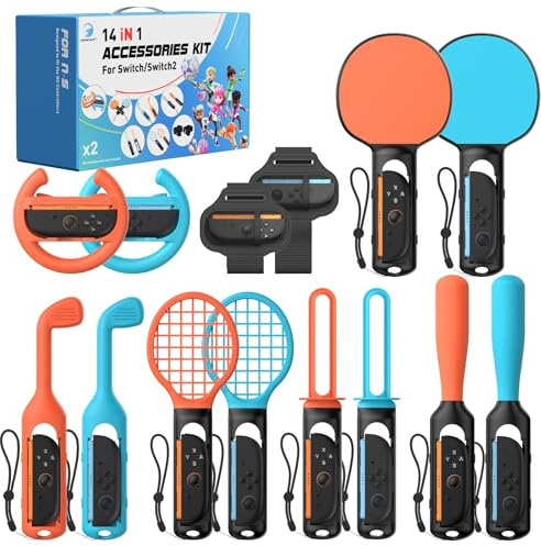 APTGAME Sports-Zubehör-Set für Nintendo Switch & Switch 2, 14-in-1 Gaming-Bundle mit Lenkrädern, Golfschlägern, Baseballschlägern, Tischtennisschlägern, Beinschlaufen, Schwertgriffen & Tennisschlägern
