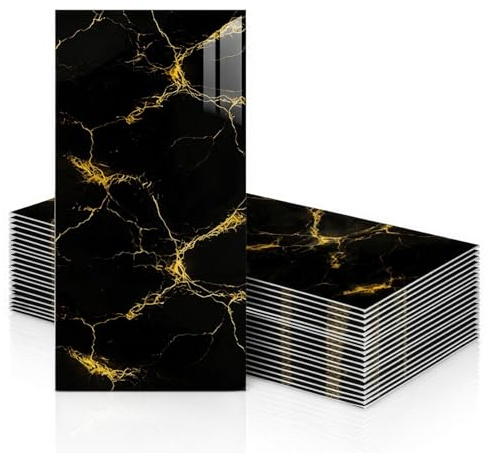 EVERGOODS 20pcs 30 * 60cm Self Adhesive Waterproof Black Marble Pattern Foam Board Wall Stickers Wallpaper, for Kitchen, Bathroom, and Living Room Decor Easy Peel and Stick
