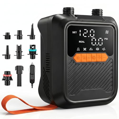 Aurethryon Elektrische SUP Pumpe 20 PSI, Tragbare Paddle Board Pumpe & Elektrische Luftpumpe mit 12V DC Autoanschluss, 2-Stufige Hochdruckpumpe mit Auto-Stopp für SUP, Kajak, Boot, Zelt, Pool,Schwarz