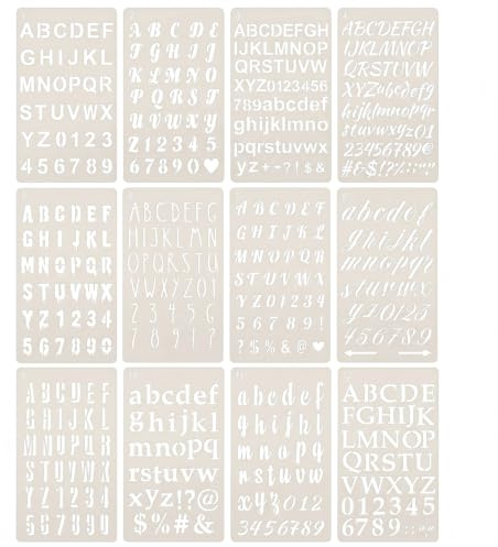 12 Pcs Reusable Letter & Number Stencil Set | Alphabet and number templates, ideal for painting, journaling, wall art, and DIY crafts.