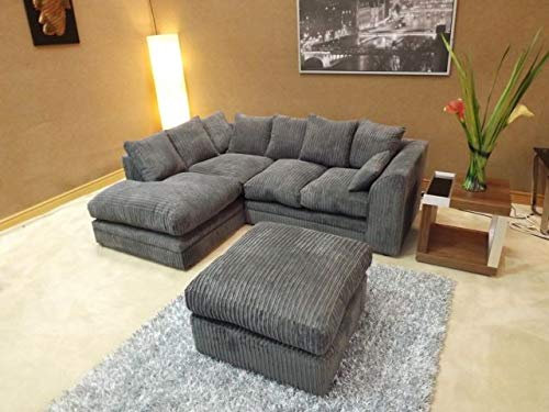 Abakus Direct ® JUMBO DYLAN LH/RH CORNER SEATER SOFA IN GREY CORD CHENILLE FABRIC + FREE FOOTSTOOL | 3-YEAR WARRANTY (LH Corner)