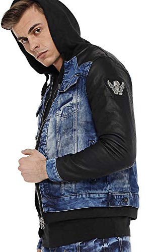 Cipo & Baxx Herren Hybrid-Denimjacke CJ-235 Blau - Klassische Denim, Sport Verschiedene Jackenmodelle - Sweat-Kapuze und Sweatärmeln - mit Modernen Komfort-Details - CJ-235 Blau XL